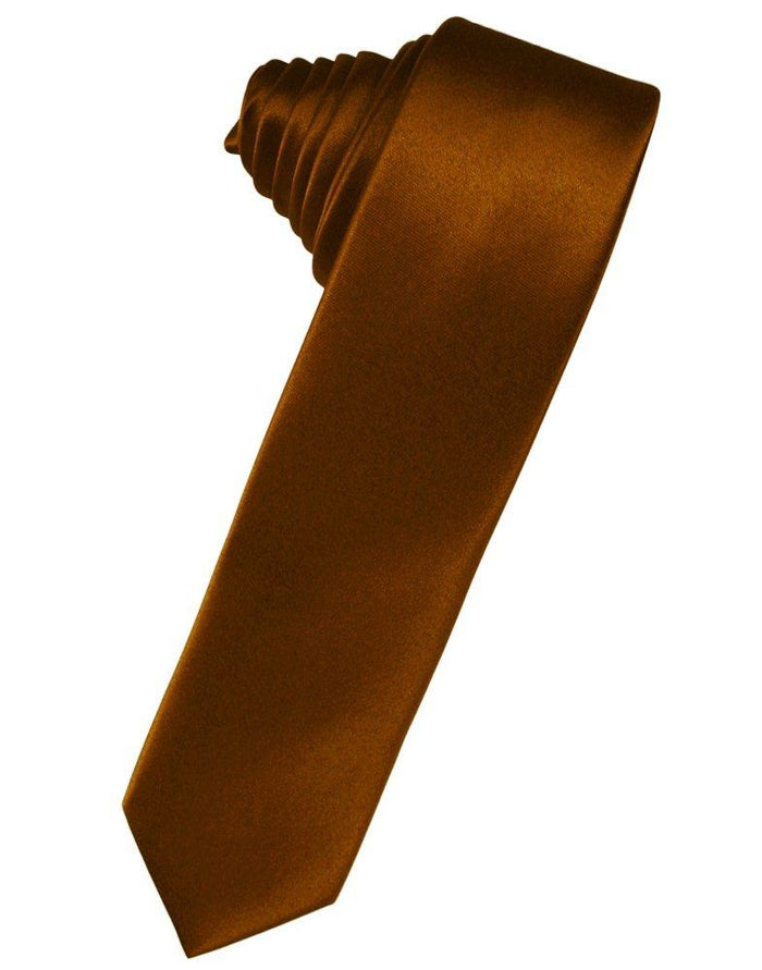 Cognac Solid Satin Skinny Suit Tie - Tuxedo Club